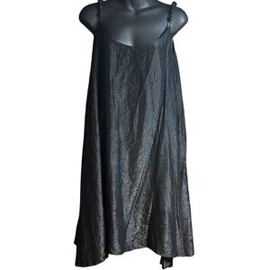 RYU: black crinkled satin maxi slip dress with an asymmetrical hem knot straps l